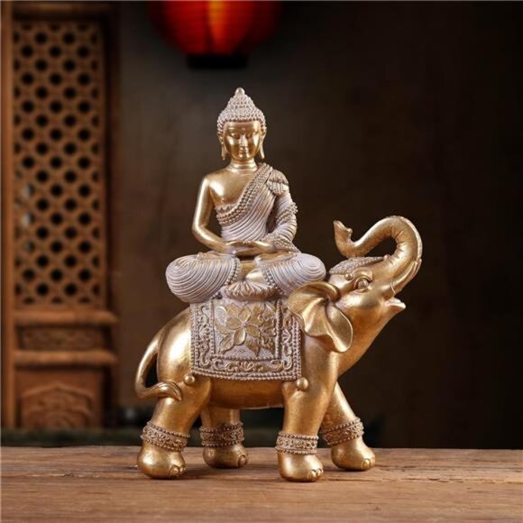 Gold Buddha Statue Elephant Meditation Decor Zen Home Feng Shui Spiritual Gift - Picture 2 of 8